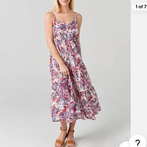 Xirena Brooklyn Midi Dress Red Purple Floral Print Tiered Boho Size XS